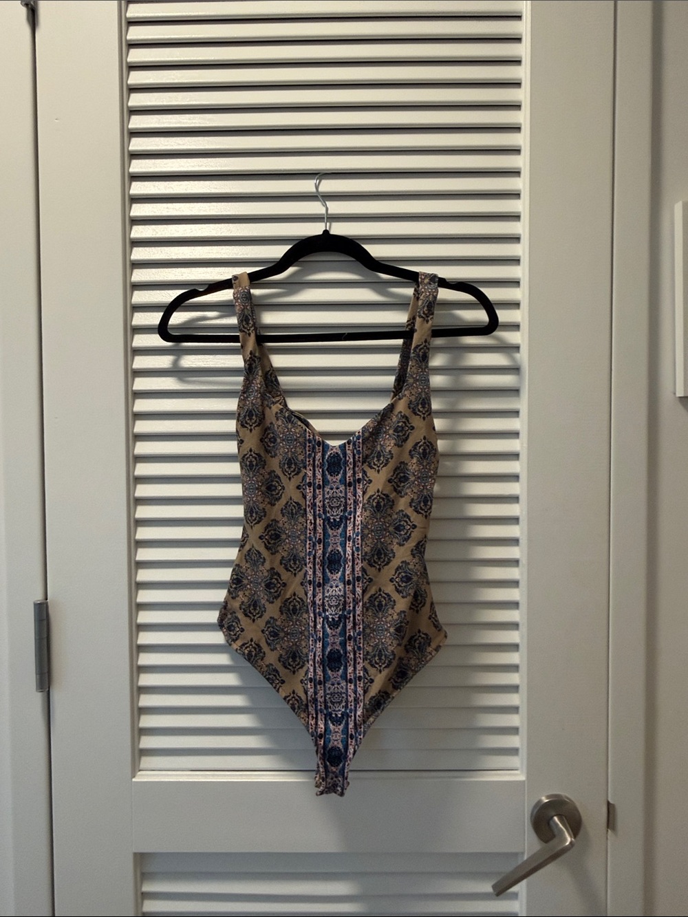 Free People Tan and Navy Patterned Scoop Neck Bodysuit